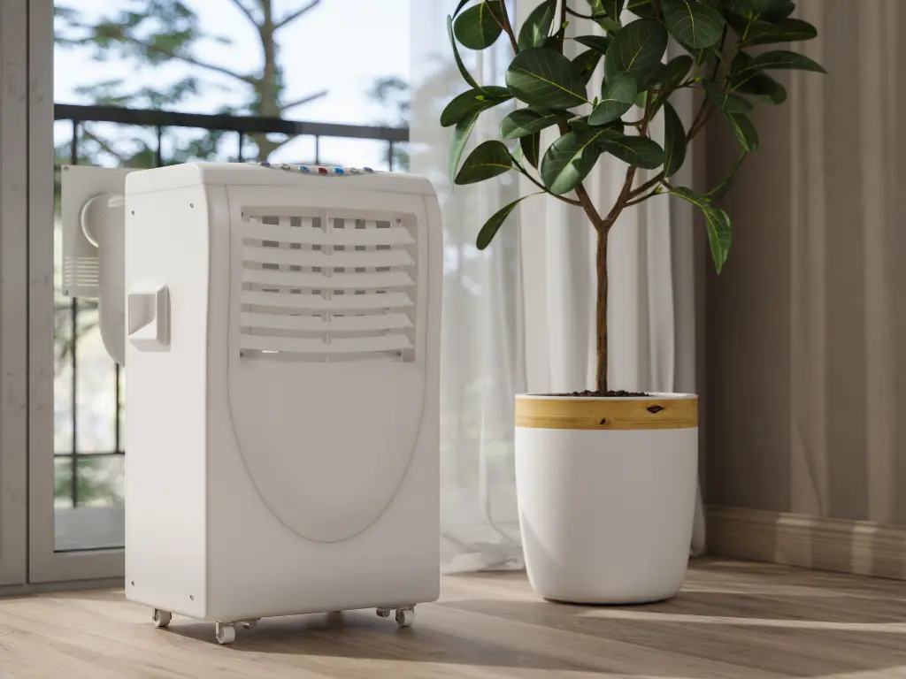 "Climatiseur mobile blanc sur roulettes posé près d'une baie vitrée, avec tuyau d'évacuation d'air relié à l'extérieur, dans un salon lumineux avec plante verte.