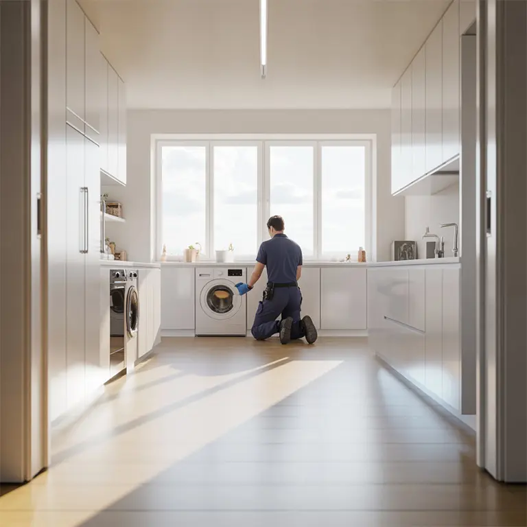 Technicien agenouillé en train d'intervenir sur un lave-linge dans une cuisine lumineuse et épurée - réparation lave-linge Genève, Suisse Dépannage