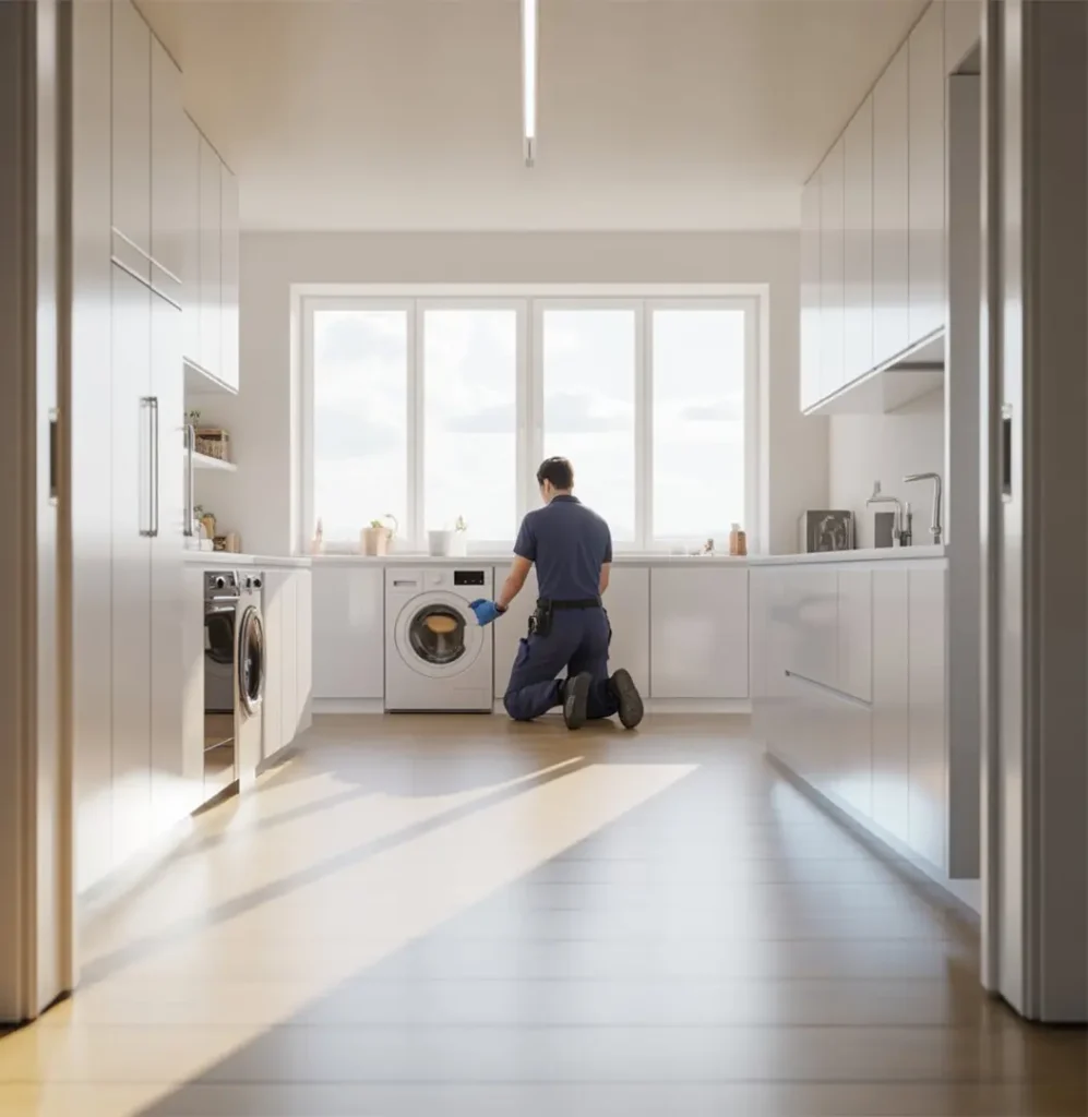Technicien agenouillé en train d'intervenir sur un lave-linge dans une cuisine lumineuse et épurée - réparation lave-linge Genève, Suisse Dépannage